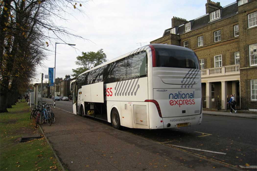 National Express coaches (and some Megabus services) depart from the bus stop on Parkside in Cambridge. (Photo: Sebastian Ballard [CC BY-SA 2.0])