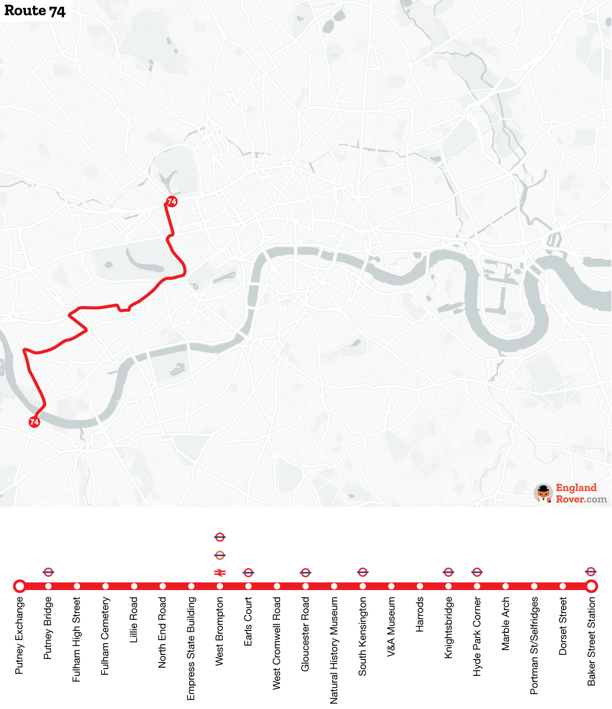 Map of London bus route 74