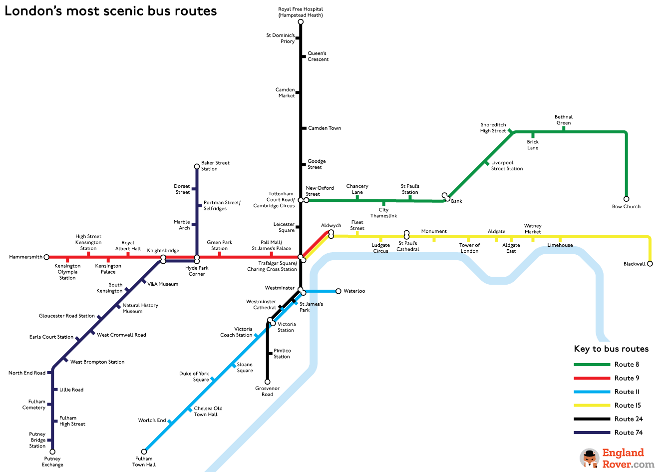 Map of London's six most scenic bus routes