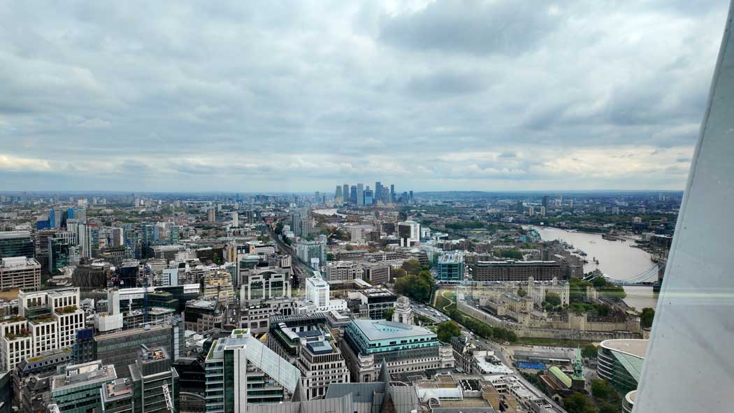 The view, looking east towards Canary Wharf with the Tower of London in the foreground. (Photo © 2025 Rover Media)