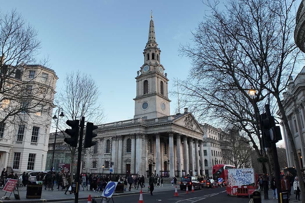 St Martins-in-the-Fields is an Anglican church on Trafalgar Square that is noted for hosting a programme of concerts including classical lunchtime concerts and jazz in the crypt. (Photo © 2024 Rover Media Pty Ltd)