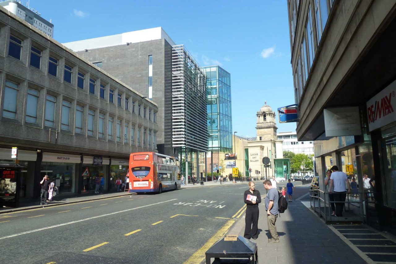 Megabus coach stop on John Dobson Street outside the Newcastle Central Library in Newcastle upon Tyne (Photo: Kevin Hall [CC BY-SA 2.0])