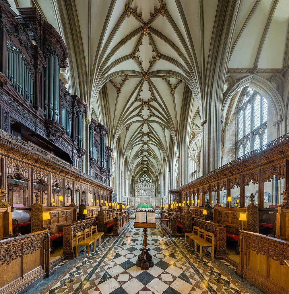 Bristol Cathedral’s unique vaulted ceilings as seen from the choir. (Photo by David Iliff. Licence: [CC BY-SA 3.0])