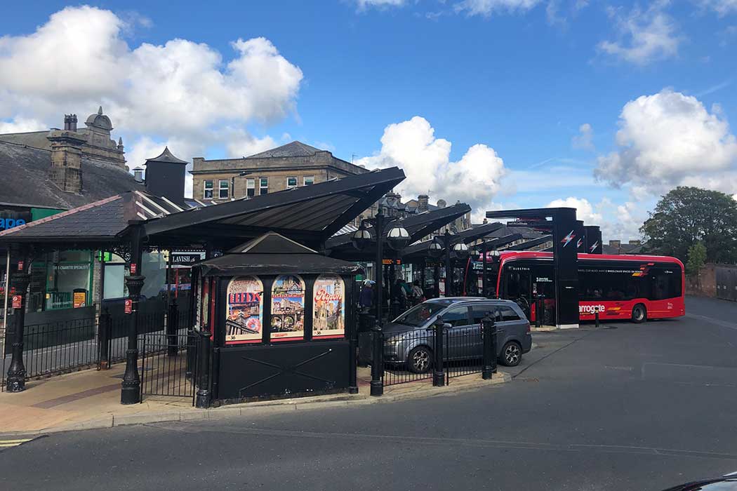 Harrogate bus station is served by local buses including regional routes connecting Harrogate with Leeds and Ripon. (Photo © 2025 Rover Media)