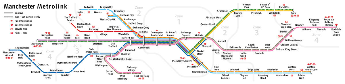 Manchester Metrolink tram network map (Image: Maximilian Dörrbecker [CC BY-SA 2.0])