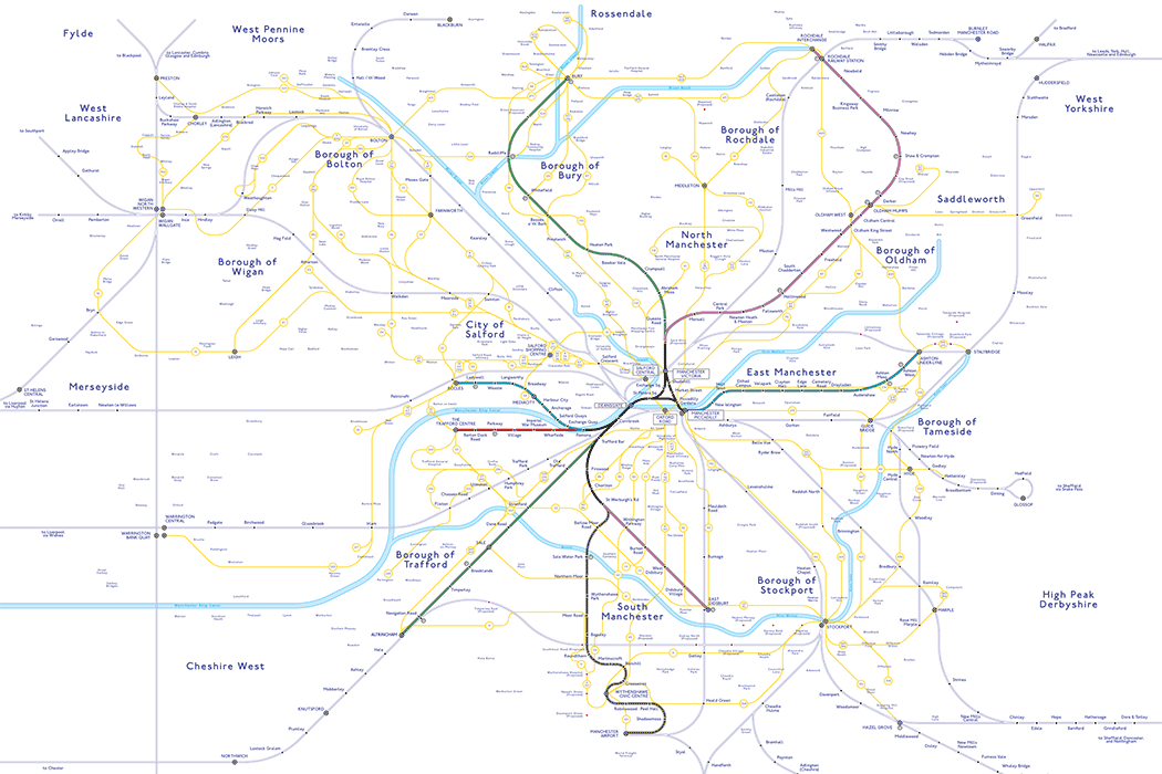 Map showing public transport services in Greater Manchester including all trams and trains and all bus routes offering a frequency of 30 minutes or better on Sundays. (Photo: عبد المؤمن [CC BY-SA 4.0])