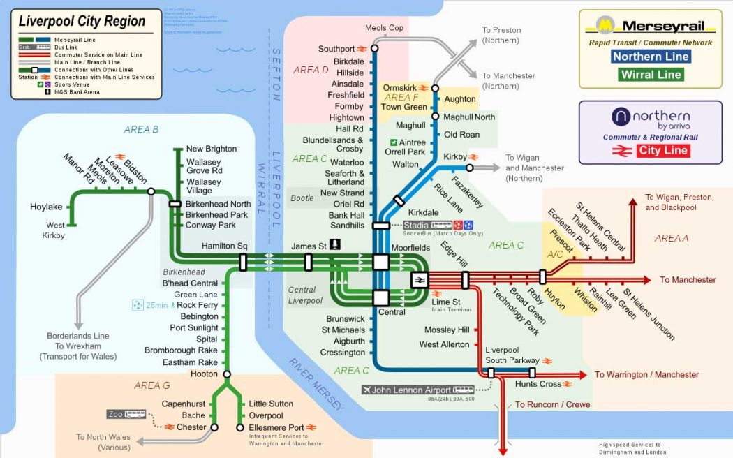 A unofficial map showing the Merseyrail rail network and other commuter rail lines in the Liverpool and Merseyside region. (Photo: Kvj [CC BY-SA 3.0])