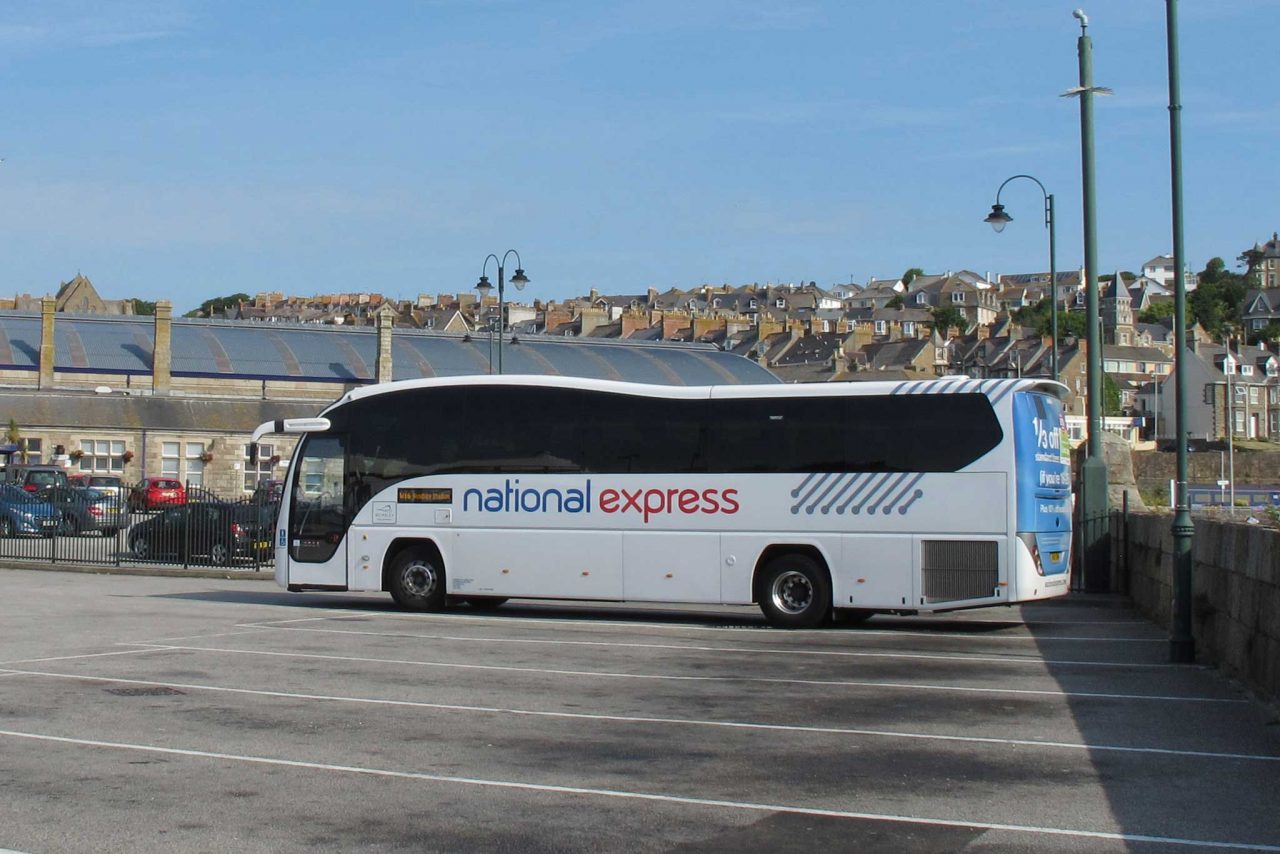 National Express coach at Penzance bus station in Penzance, Cornwall (Photo: David Hawgood [CC BY-SA 2.0])