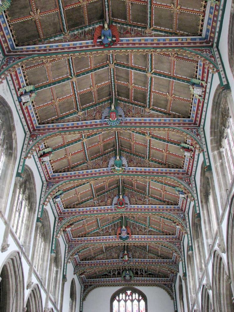 The colourful ceiling of St Cuthbert's Church dates from the 15th century but was restored (and repainted) in the 1960s. 