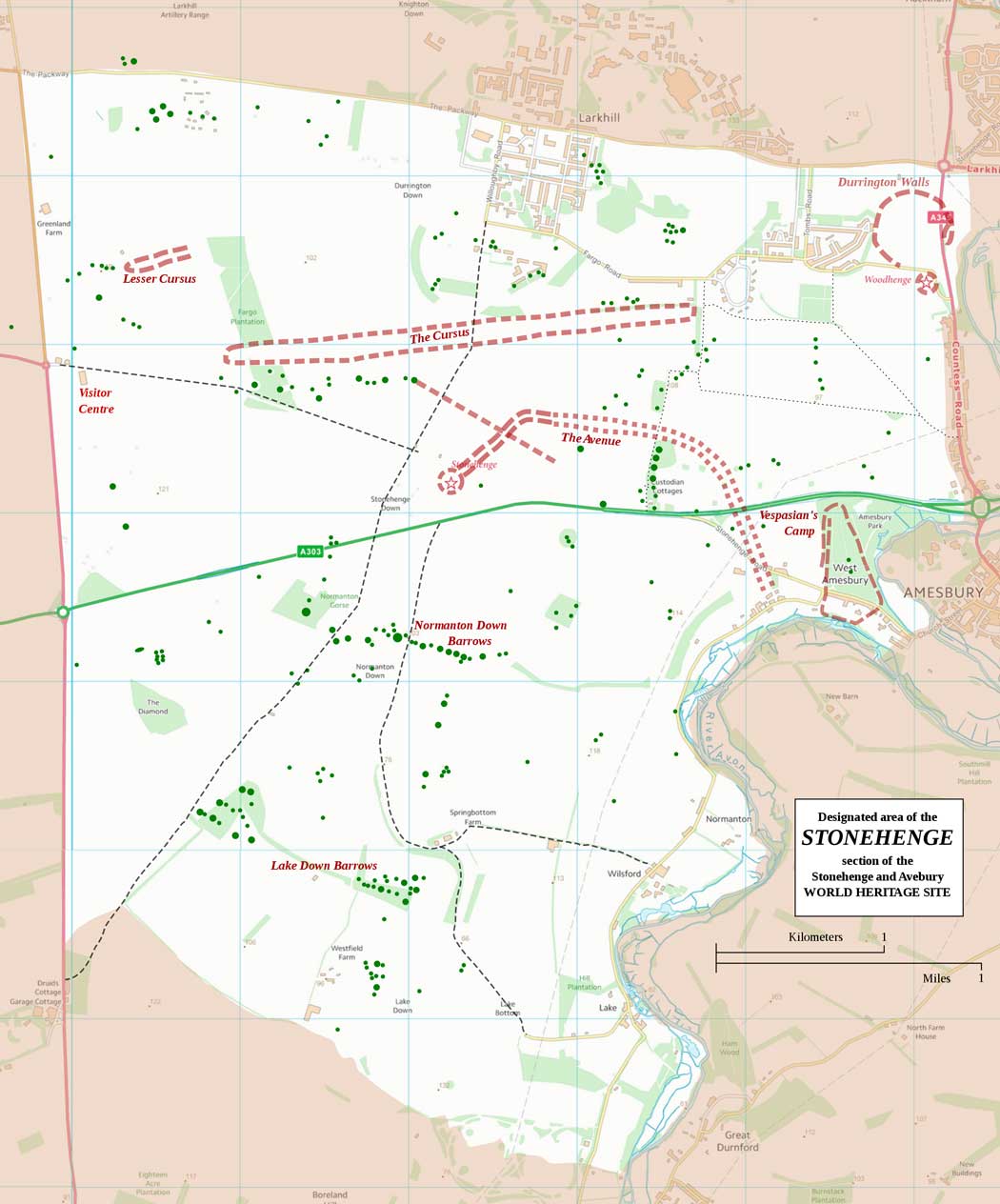 Map of the Stonehenge area of the Stonehenge and Avebury World Heritage Site (Contains Ordnance Survey data © Crown copyright and database right (2019))