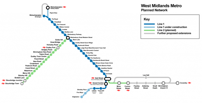 Public Transport In Birmingham Englandrover Com   West Midlands Metro Route Map 768x394 