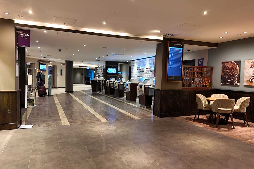 The reception area at the Premier Inn London Heathrow Airport Terminal 4 hotel. The hotel is connected to Terminal 4 by a covered walkway. (Photo © 2024 Rover Media Pty Ltd)