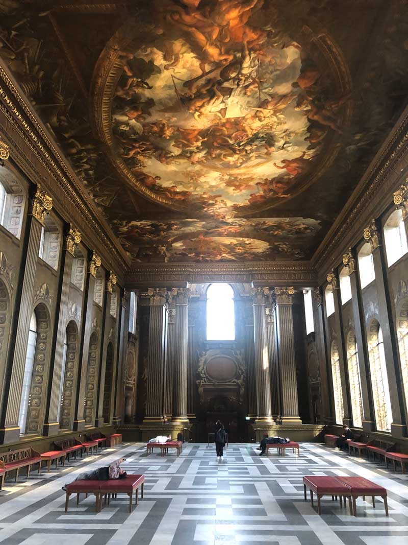 The ornate ceiling of the Painted Hall at the Old Royal Naval College Greenwich was painted by Sir John Thornhill over a 19-year-long period starting in 1707 and it has been referred to as ‘the Sistine Chapel of the UK’ (Photo © 2024 Rover Media)