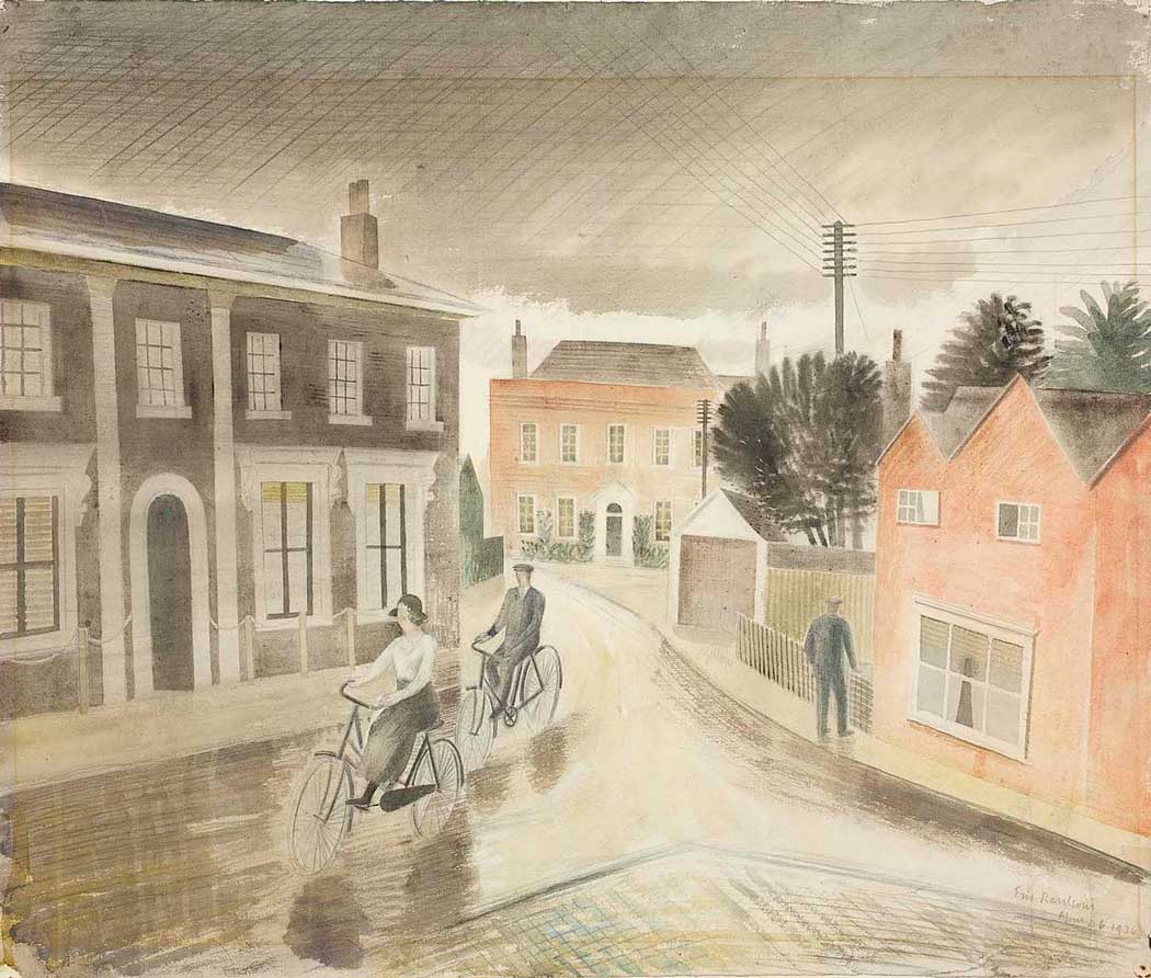 Village Street (1936) by Eric Ravilious is among the paintings in the gallery's permanent collection. The Towner Art Gallery is home to the world's largest collection of Eric Ravilious paintings. 