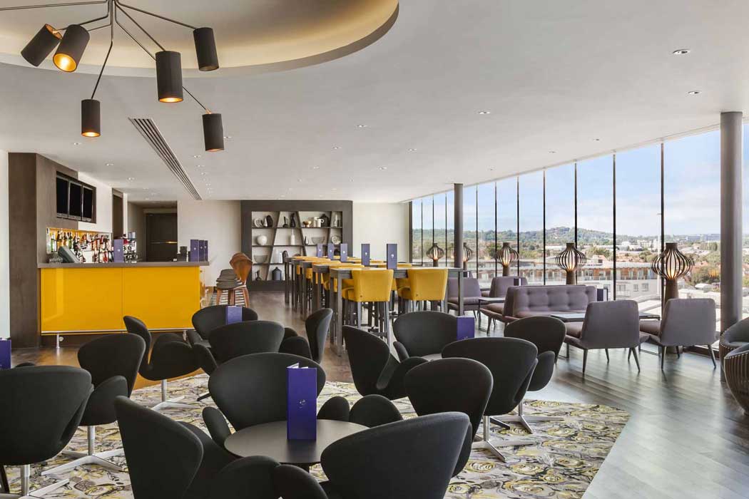 The floor-to-ceiling windows at the Sky Bar 9 at the Hilton London Wembley hotel offer lovely views of Wembley and the surrounding area. (Photo © 2019 Hilton)