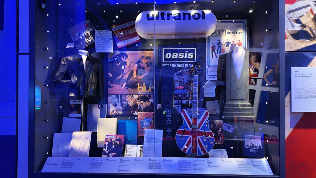 The 1993–2004 section features artefacts from Britpop bands like Blur, Pulp and Oasis and includes the Union Jack guitar played by Noel Gallagher. (Photo © 2024 Rover Media)