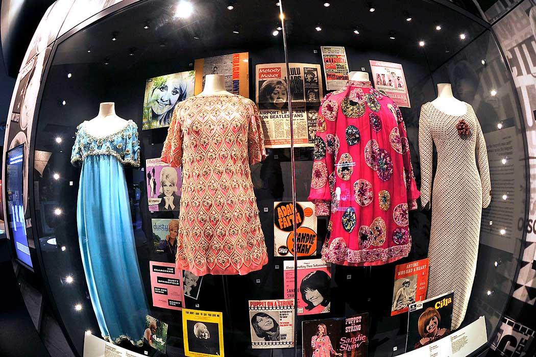Cilla Black and Dusty Springfield’s dresses on display at the British Music Experience. (Photo: Liz Koravos [CC BY-SA 4.0])