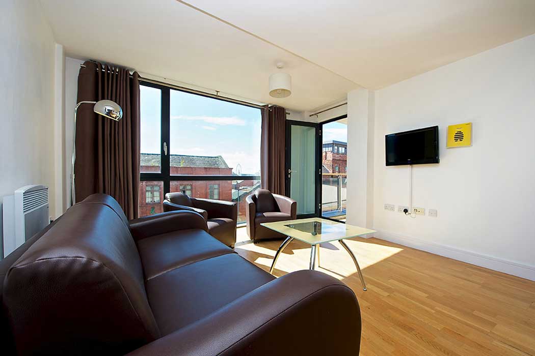 Serviced apartments in the Staycity Aparthotels Duke Street apartment hotel in Liverpool feature a spacious living area that is separate to the bedrooms. (Photo: Staycity)