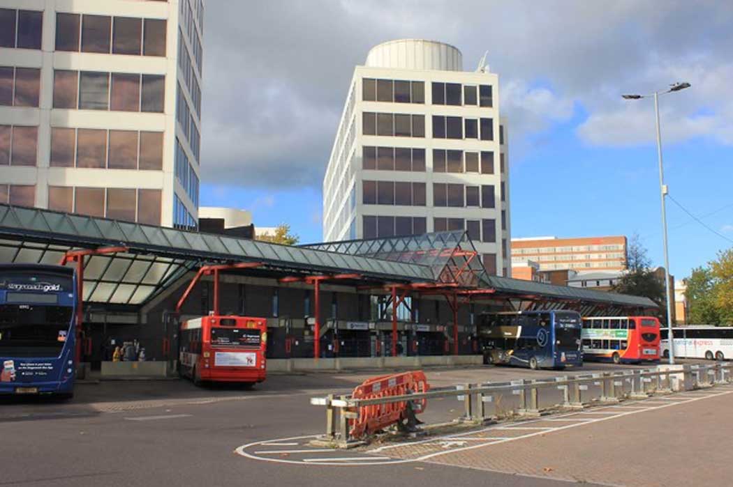 Swindon bus station is served by local and regional bus routes as well as by National Express coach services. The bus station is at the northern end of the town centre, around a three-minute walk from the railway station. (Photo: Helen Iwanczuk [CC BY-SA 2.0])