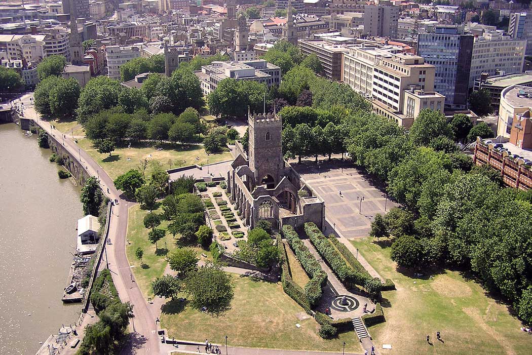 The ruins of St Peters Church in Castle Park in Bristol city centre.