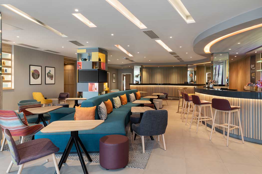 The reception area at the Hampton by Hilton London Ealing hotel. (Photo © 2021 Hilton)