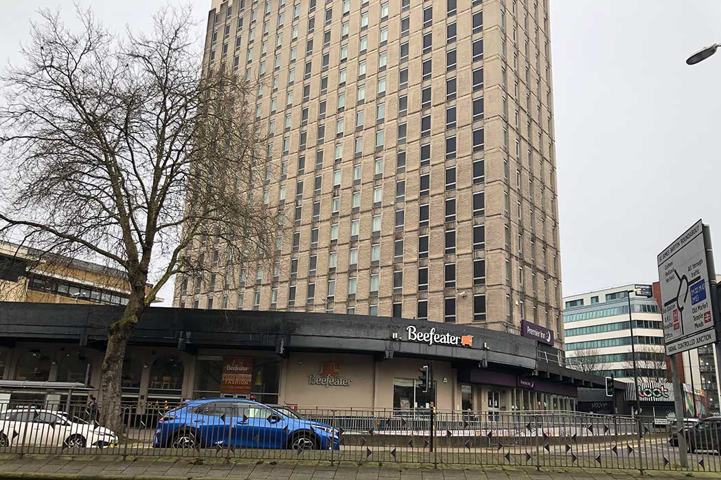 The Premier Inn Bristol City Centre (Haymarket) hotel is a good value accommodation option in a drab office tower from the 1970s; however, its location is convenient if you’re travelling by bus or coach. (Photo © 2024 Rover Media)