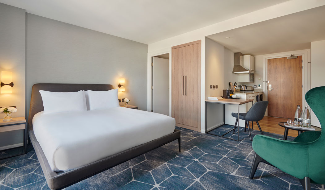 Rooms at the Hyatt House London Stratford hotel are spacious with a kitchenette and work area. (Photo: Hyatt)