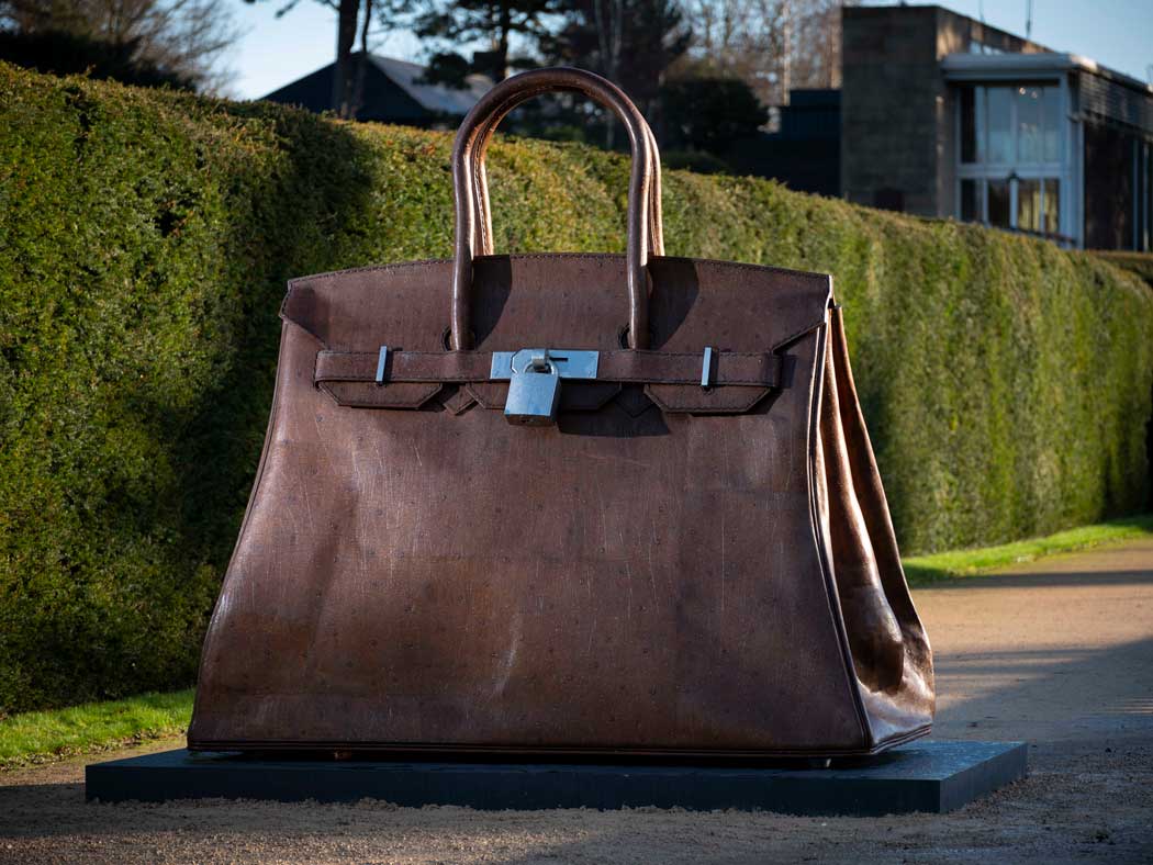 Bag of Aspirations (2018) by Kalliopi Lemos depicts the expensive and highly-sought-after Hermès Birkin handbag. (Courtesy the artist and Gazeli Art House, London. Photo: © Jonty Wilde, courtesy YSP)