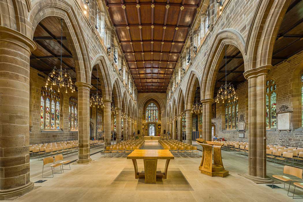 Wakefield Cathedral's nave is a bright open space that is sometimes used to host several cultural events. (Photo by David Iliff. Licence: [CC BY-SA 3.0])