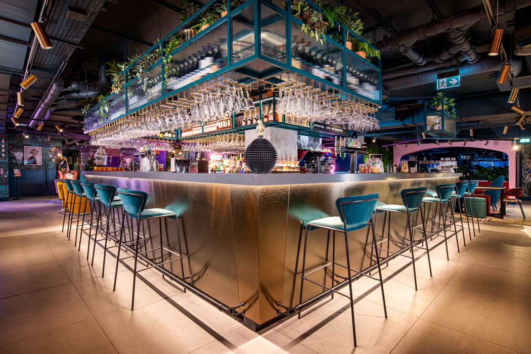 The bar area is the focal point of the hotel’s public areas. (Photo: YOTEL)