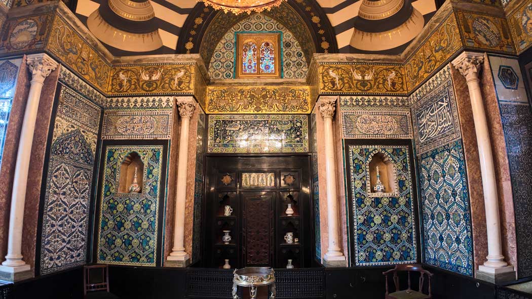 The Arab Hall is the highlight on a visit to Leighton House Museum. The room is inspired by Islamic architecture and features a high ceiling and vibrant intricately-patterned tiles. (Photo © 2024 Rover Media)