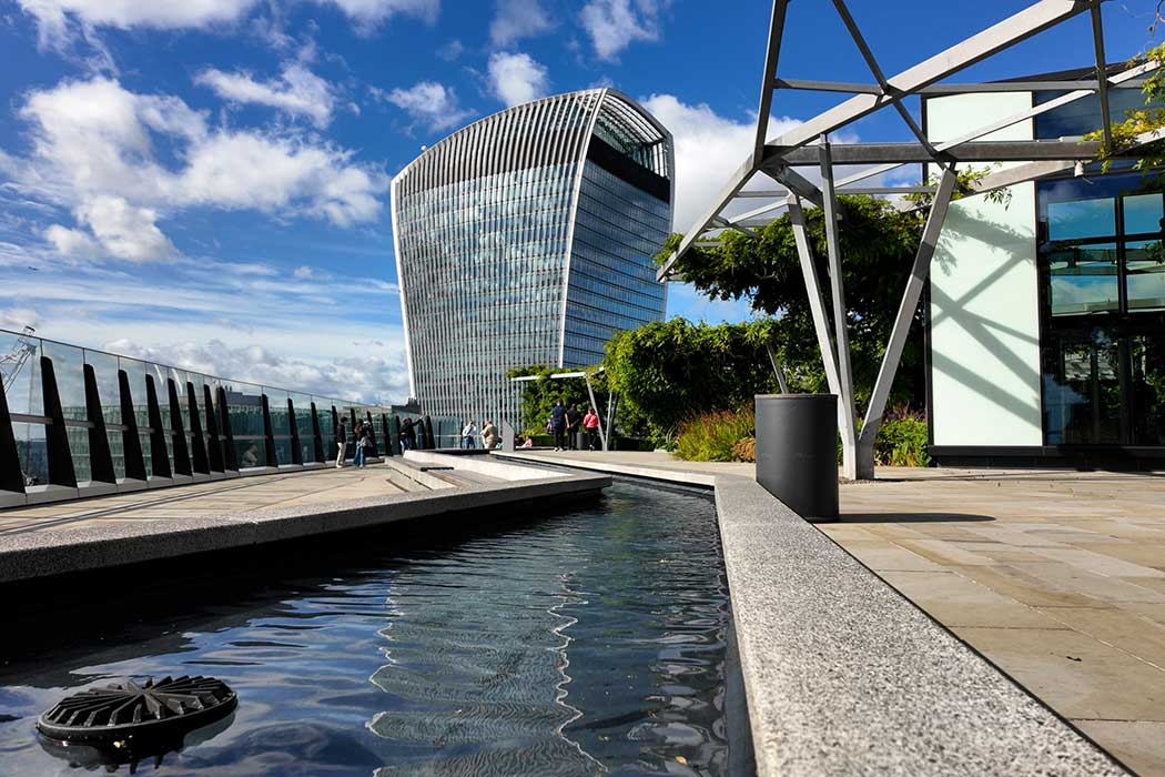 The Garden at 120 is a terrace on the roof of the Fen Court building. It offers excellent views of City landmarks including the Lloyds building, the Gherkin and the Walkie Talkie building. (Photo © 2025 Rover Media)