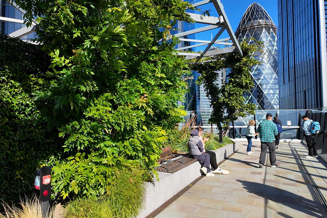 Because the building isn’t as high up as some other viewing platforms, the view from the Garden at 120 puts you at eye level with many of the buildings in the City. This means that you’re looking at the city, rather than over it. (Photo © 2025 Rover Media)